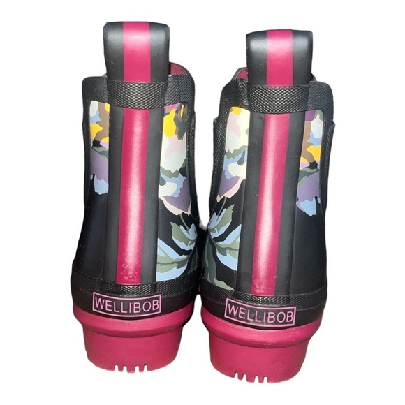 Joules Black & Hot Pink Floral Wellibob Chelsea Rain Boot Women’s Size 5 - Picture 3 of 6